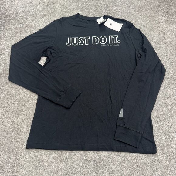 Nike Just Do It Graphic Long Sleeve T-Shirt Men Medium Black Cotton Crew Tee NWT - Picture 1 of 15